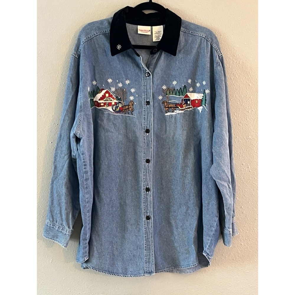 Vintage Bobbie Brooks Christmas Denim Shirt Women's 18W/20W Embroidered
